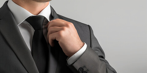 Close-up photo of a man fixing his black tie while wearing a white shirt and dark suit jacket; this emphasizes professionalism and meticulous attention to detail.