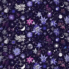 Wall Mural - Enchanted Night Sky with Celestial Motifs and Floral Patterns