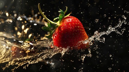 Poster - Vibrant strawberry character animated in juice splash with expressive face, fun fruit illustration for summer refreshment concept, playful food design in motion