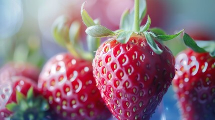 Poster - Vibrant macro shot of fresh organic strawberries - healthy fruit background with luscious red berries and green leaves - close-up view of juicy strawberries, ideal for food bloggers or nutrition artic