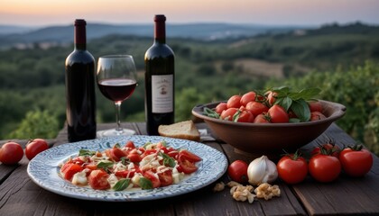 Wall Mural - A table with a plate of food and two bottles of wine