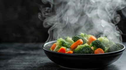 Poster - Freshly steamed carrots, broccoli, and cauliflower in a black bowl: hot and healthy meal on table background