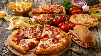 Wall Mural - food, snack, pizza, hot dog, chips, french fries, assorted, processed, delicious, appetizing, tasty, fast food, junk food, tempting, yummy, savory, culinary, convenience, comfort food, fast food cultu