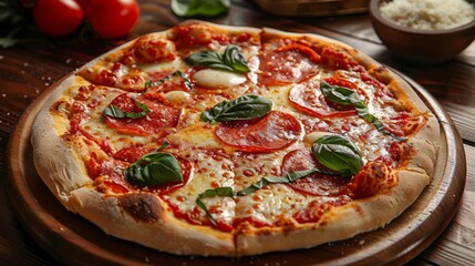Wall Mural - Delicious Whole Pizza with Fresh Ingredients on Rustic Wooden Table Background, Perfect Italian Cuisine Concept for Pizzerias and Food Blogs, Mouthwatering Image of Pizza Pie Ready to Serve, High-Qual
