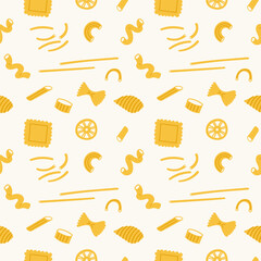 Sticker - Noodles of different kind Pasta in seamless pattern hand drawn vector illustration. Repeating background with wheat flour products. Macaroni, lasagne, rigatoni, Italian food. For paper, print, label