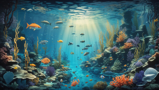  coral reef with many different types of fish swimming in water