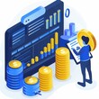© InkCrafts - An isometric illustration depicting a person analyzing financial data, with stacks of coins and charts, representing financial success and growth.