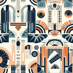 Wall Mural - Retro Art Deco Pattern with Geometric Shapes and Stylized Eyes