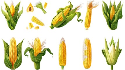 Wall Mural - Nine detailed corn icons, each showing various parts of the corn plant such as the cob, leaves, and roots, intricately designed on a white background