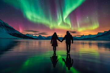 Wall Mural - Silhouette of a loving couple holding hands by a calm lake with the beautiful northern lights dancing in the evening sky