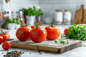 Fresh red three tomatoes with other green vegetables and spices on the table on the bright kitchen background close up, selective focus
