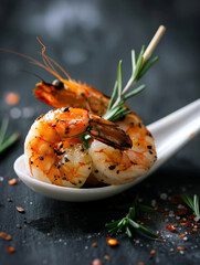 Wall Mural - Porcelain white spoon with two grilled shrimps with rosemary and scattered spices on a dark background close up
