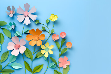 Wall Mural - Multicolored paper cut flowers with green leaves, copy space on blue background