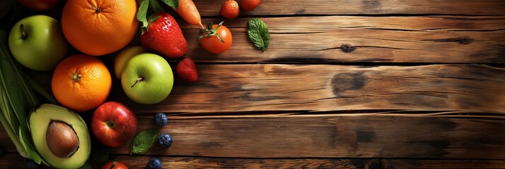 An array of colorful fruits and vegetables laid out on a rustic wooden surface, signifying healthy eating