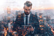 © Ivan - Young business man with tablet in hand and in classic outfit with facial hair in double exposure of city or building. Business background