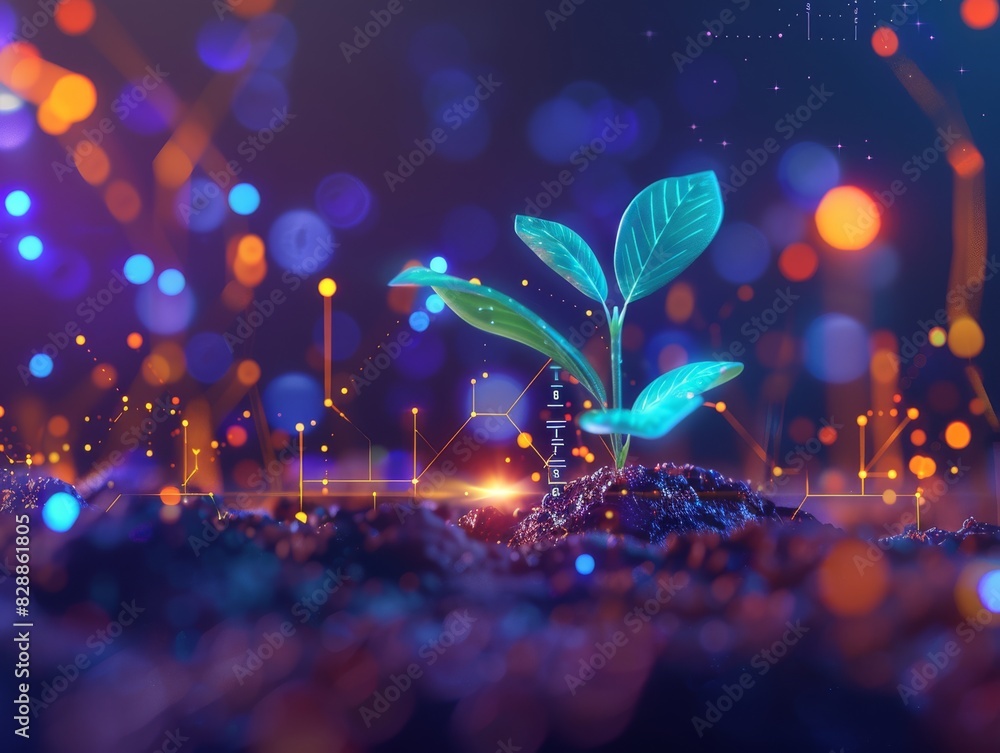 A plant sprouts from soil in a futuristic setting, surrounded by ...