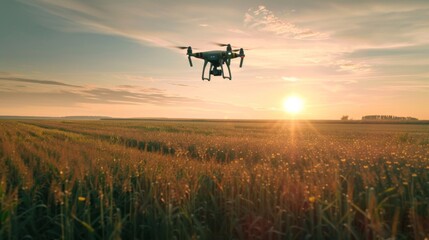 A drone flying over agricultural fields, with the fields neatly arranged in rows below background