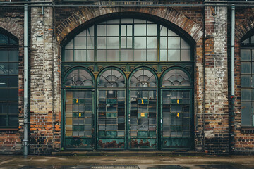 Historic brick facade of an old industrial building with large arched windows and vintage signage, showcasing urban historyai