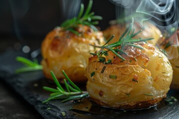 Crispy baked potatoes garnished with green rosemary with steam rising from the hot dish on a slate background