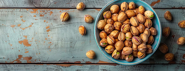 Wall Mural - wide flat lay closeup background photo of ceramic bowl full of green and white color pistachio nuts on a rustic natural color wooden table top with copy space