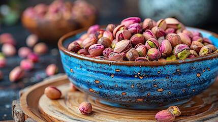 Wall Mural - wide detailed macro closeup background photo of ceramic bowl full of green and white color pistachio nuts on a rustic natural color wooden table and white background with copy space 