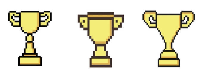 Wall Mural - Pixel art Golden trophy cup icon vintage, 8 bit, 80s, 90s games, computer arcade game items. Competition award trophy. Sport achievement. Inspired by games from the 90s. Digital vintage game style. 