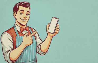 Paper textured vintage style illustration of cheerful man or househusband with apron pointing with finger on blank smartphone screen and standing isolated on blue background. Mockup with copy space 