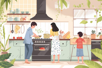 Wall Mural - The family is cooking in the kitchen, welcoming the Spring Festival with a range hood, stove, dishwasher, and illustrations. 