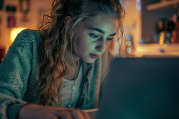 Wall Mural - A young woman hands on a laptop keyboard with her face lit by the screen glow in a relaxed home setting