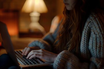 A young woman hands on a laptop keyboard with her face lit by the screen glow in a relaxed home setting