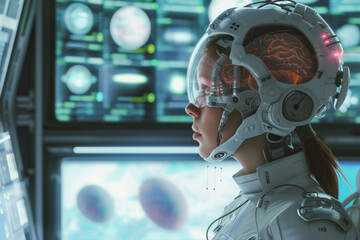 Wall Mural - the female robot in front of a computer screen and a brain, in the style of sci-fi realism, weathercore, cartoon youthful protagonists, made of all of the above, hyper-realism, firecore, transcendenta