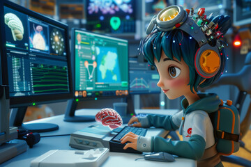 Wall Mural - cartoon robotanimated girl with brain in front of computer, in the style of soft-focused realism, rich and immersive, unreal engine 