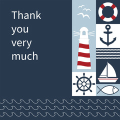 Wall Mural - Thank you very much - Schriftzug in englischer Sprache - Vielen Dank. Maritime Karte mit Leuchtturm, Anker, Segelboot, Fisch, Möwen, Rettungsring und Wellen.