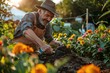© Leo - Man tending to flowers in a garden, representing horticulture, care, and the beauty of gardening