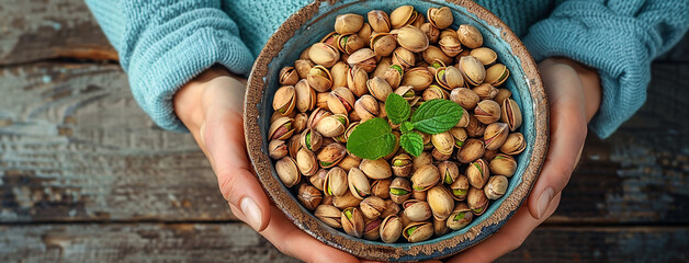 Wall Mural - wide detailed macro closeup background photo of wooden bowl full of green and white color pistachio nuts on a rustic natural color wooden table top with copy space