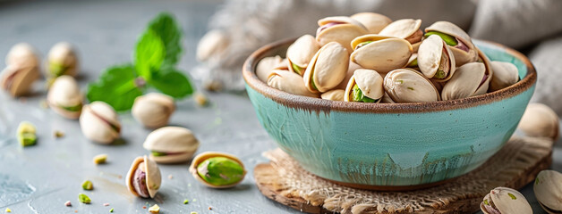 Wall Mural - wide detailed macro closeup background photo of ceramic bowl full of green and white color pistachio nuts on a rustic natural color wooden table and white background with copy space 