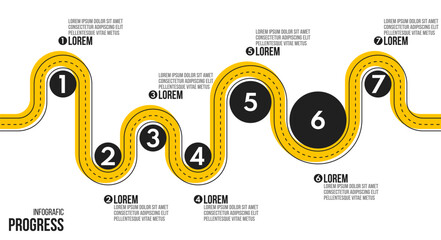 7 steps process progress or timeline, road infografic vector template