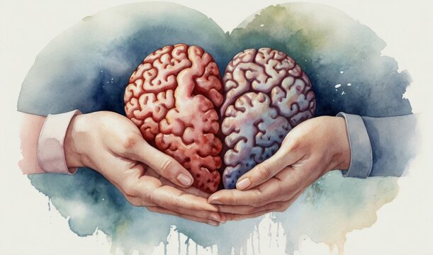 Hands holding an object that is half a brain and half a heart shape that together make up a heart shape that shows closeness, caring, connection, a beautiful and delicate watercolor illustration