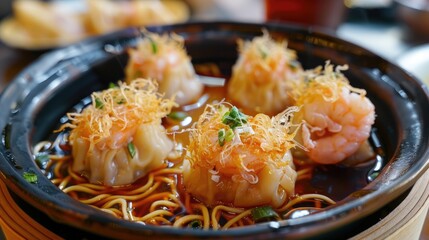 Sticker - Crispy Dimsum Chinese Dumpling with Shrimp Coating and Noodle in a Sauce