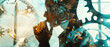 © Navaporn - Silhouette of a person thinking surrounded by mechanical gears, representing innovation, technology, and problem-solving in a futuristic setting.
