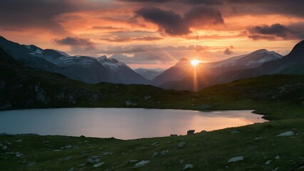 Wall Mural - tranquil mountain lake at sunset summer landscape with colorful clouds over lake