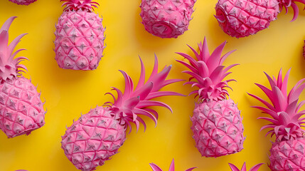 Wall Mural - Pink painted pineapples on a vivid yellow background