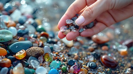 Exploring the colorful world of sea glass on a sunlit beach, a hand reveals the beauty and variety of smoothed, weathered glass pieces