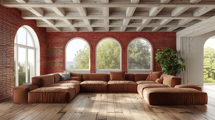 Wall Mural - living room brown sectional sofa is in a room with a brick wall and a window