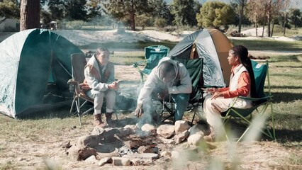 Canvas Print - Camping, friends and food with bbq in outdoors for fresh air with eco travel in summer with tents. Nature, adventure and relax with people on journey with break on weekend in New Zealand for holiday.