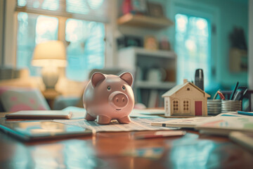 Canvas Print - a piggy bank and a house model on their desk.