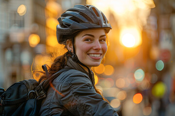 Wall Mural - a cheerful cyclist with historical architecture in soft focus behind her.