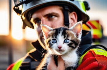 Wall Mural - Portrait of a fireman with the kitten he rescued