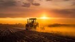 © VISUAL BACKGROUND - Tractor plowing fertile land on farm.