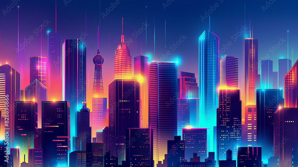 Illustration of a vibrant city skyline at night, with illuminated ...